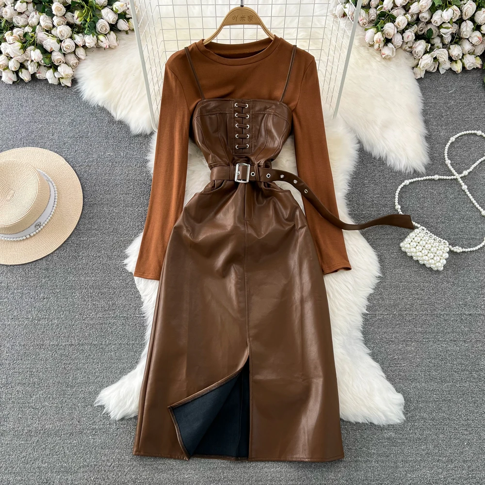 

Korean Fashion Casual Two Piece Set for Women Vintage Lace-up Strapless PU Leather Dress Sets High Street 2 Piece Suits Female