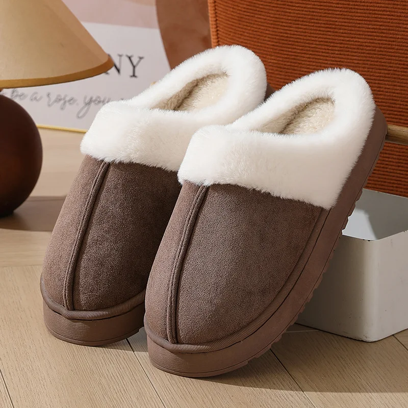 Women's plush slippers winter outdoor, thick sole non-slip fur flip flops with fur collar, warm unisex house shoes for home use