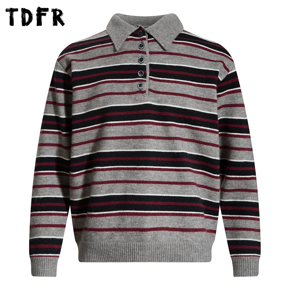 

Contrast Paneled Striped Sweater Mens Retro Autumn Winter Casual Loose Long Sleeve Lapel Knitted Pullover Man