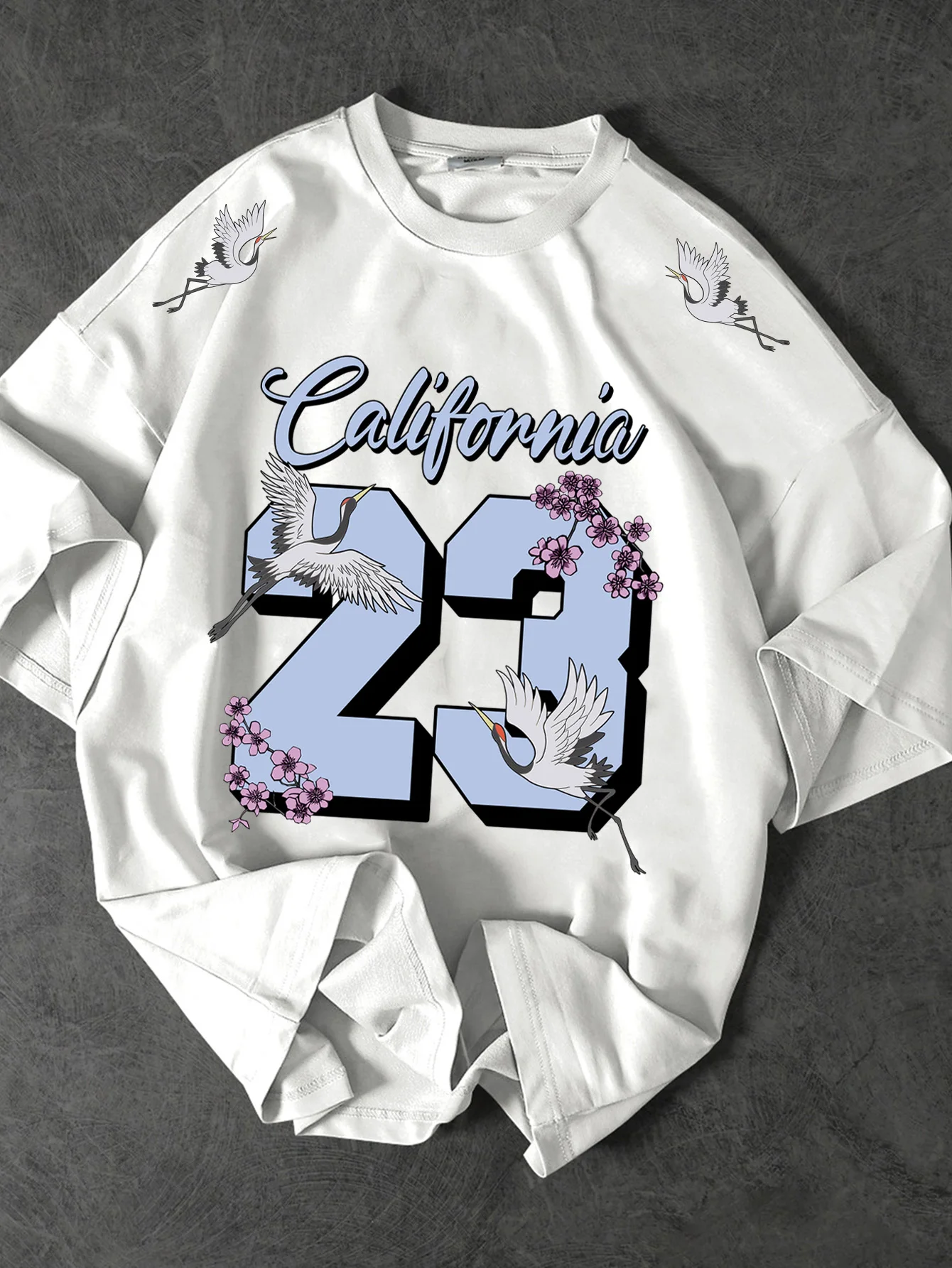 Men's American Retro California 23 Crane Cherry Blossom Printed T-Shirt, Loose Crew Neck Street Style Casual Top