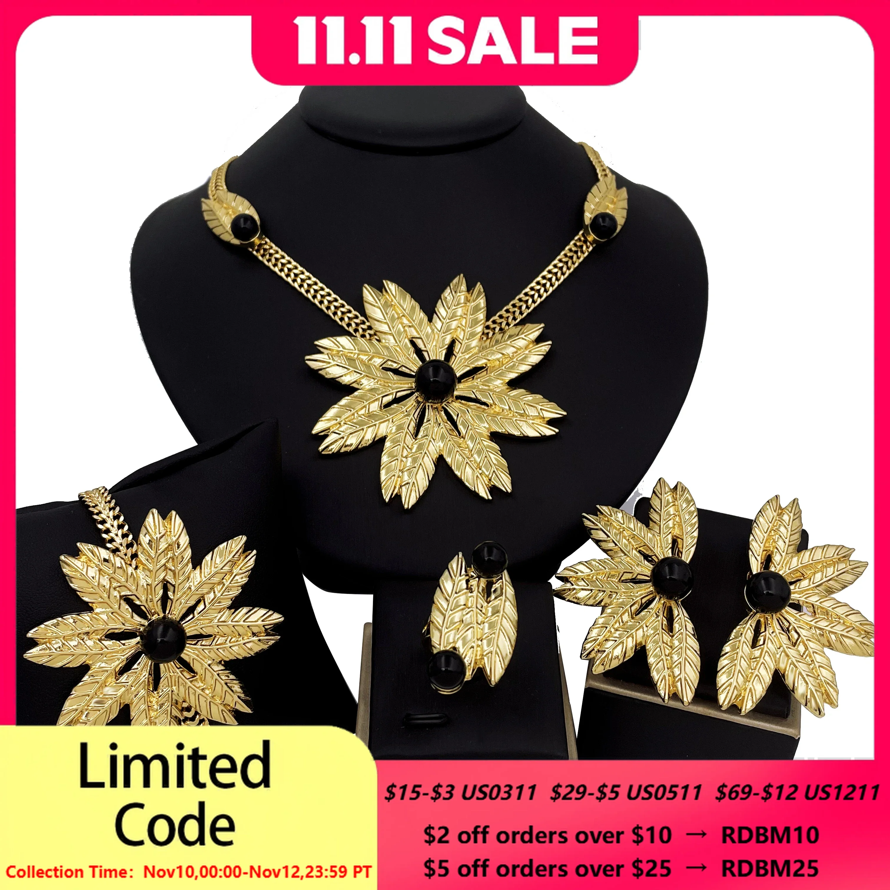 

Hight Quality Big Jewelry Set 18K Gold Plated Large Leafs Pendant Necklace Bracelet Earring Rings African Nigeria Wedding Gifts