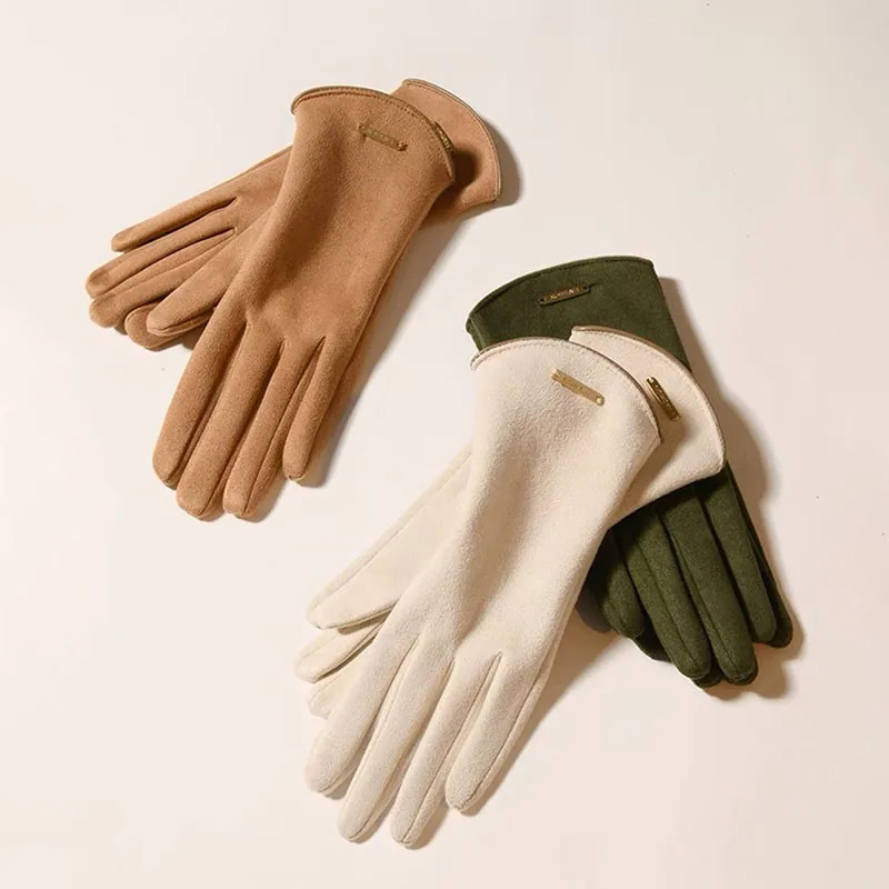 Guantes de gamuza para mujer, manoplas elegantes de Cachemira fina y cálida con pantalla táctil, a prueba de viento, para conducir, Otoño e Invierno