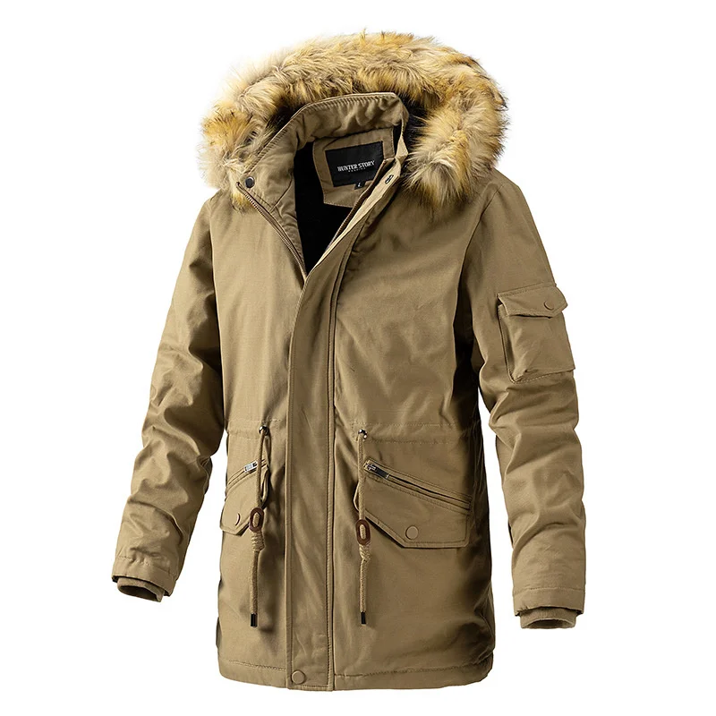 

Warm Winter Fleece Lined with Fur Collar Men Parka Thicken Outdoor Work Jacket Hooded Cotton Military Coats Oversized