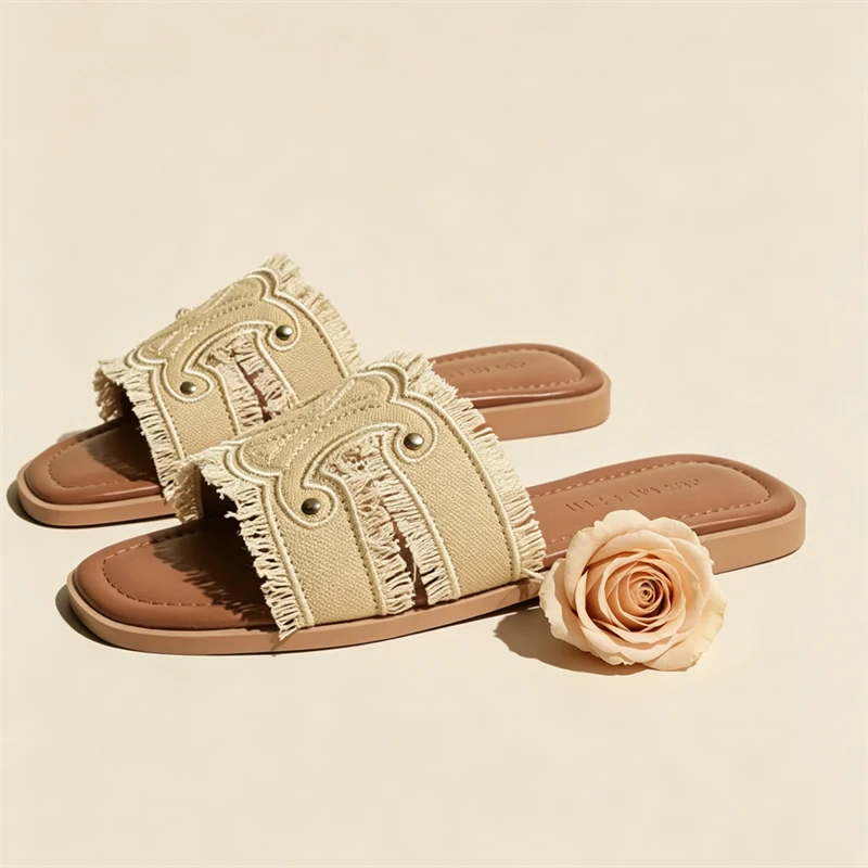 

Sheepskin Version~New genuine leather denim slip-on sandals for women,