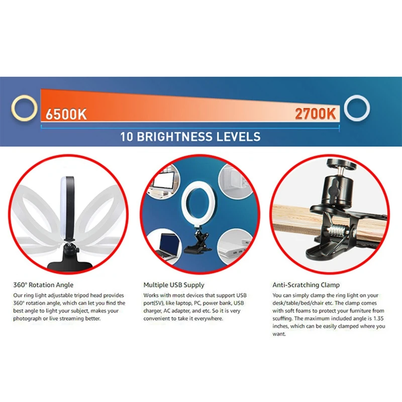 Anel de lâmpada com tripé para laptop, computador desktop, iluminação de videoconferência, suporte do telefone, clip on, abs, 1 conjunto