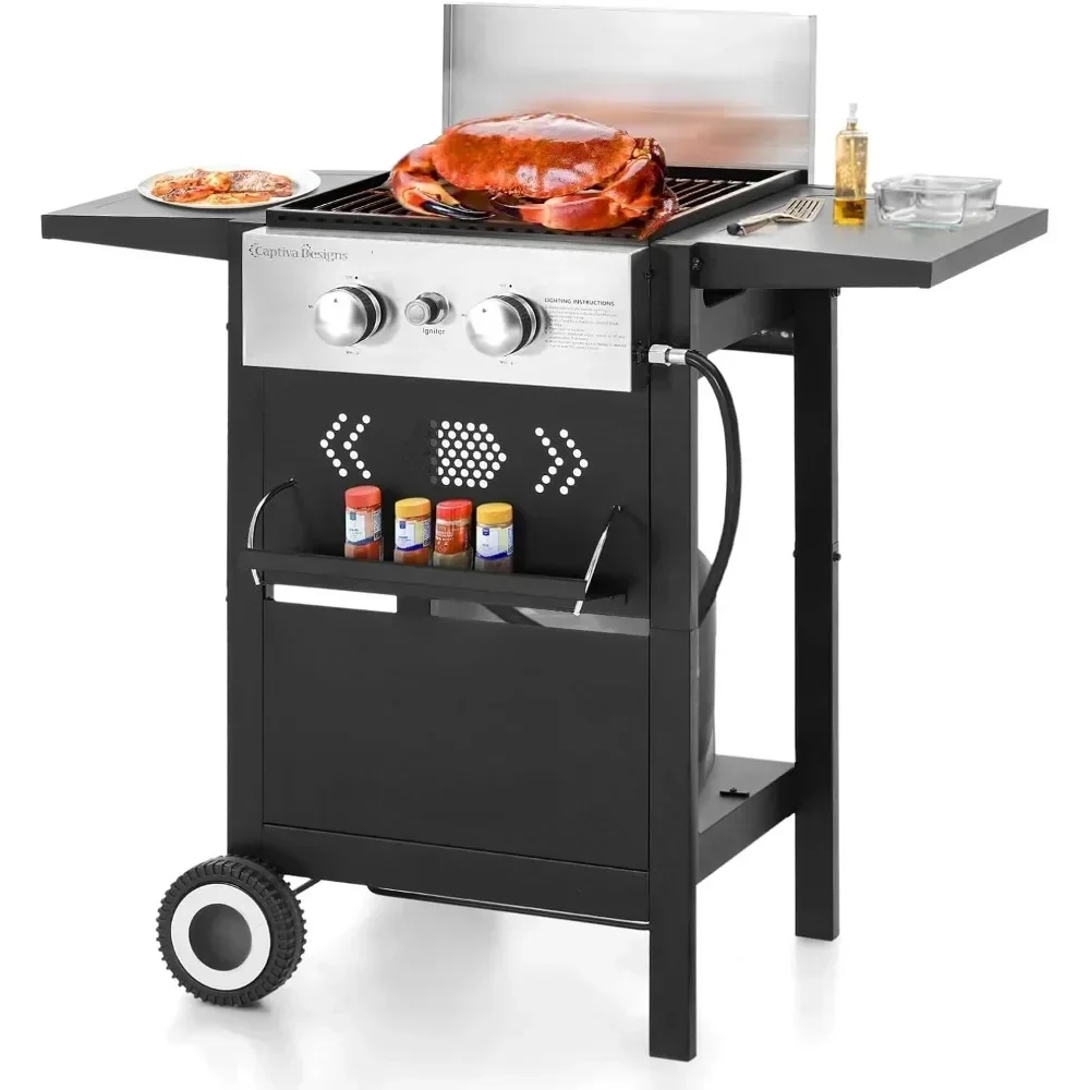 BBQ Grill, 2 in 1 Propane Gas BBQ Grills with Cast Iron Plate, 20,000 BTU Output Small Barbecue Grills, BBQ Grill