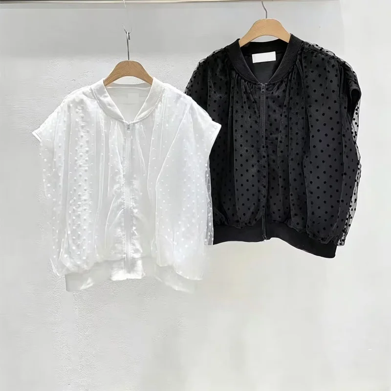 

Zipped Sleeveless Shirt Outerwear Women's Summer 2026 New Korean Loose Polka Dot Mesh Splicing Vest Top Breathable round Neck