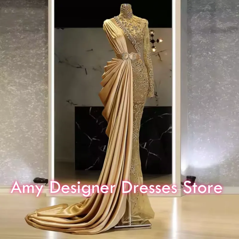 High Collar Prom Dresses 2026 Generous Crystal Sequin Mermaid Party Dress Ruffles Luxury Peplum Women Evening Gowns Customized