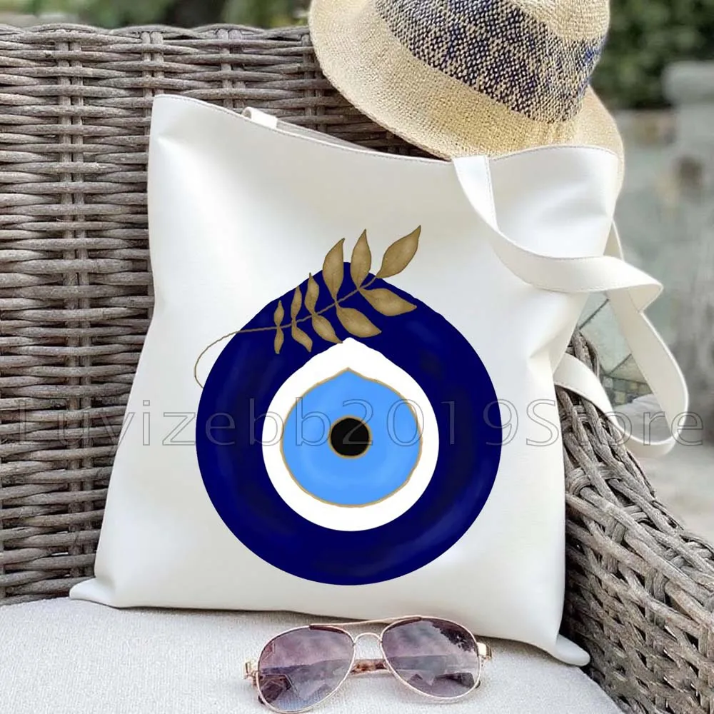 

Colorful Evil Eye Charm Circles Greek Graffiti Flower Mandala Women Canvas Shoulder Tote Bag Shopping Handbags Grocery Beach Bag