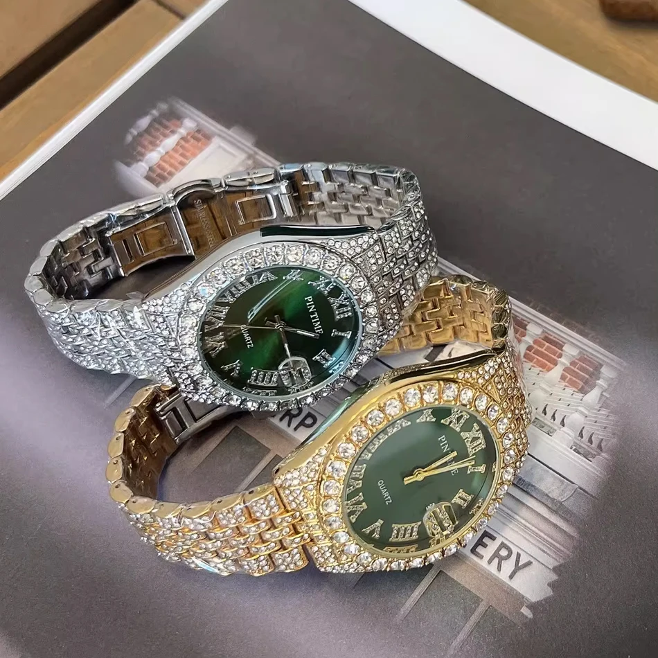 

1 шт., мужские кварцевые наручные часы Iced Out, мужские часы с бриллиантами, водонепроницаемые мужские часы в стиле хип-хоп, подарок для мужчин, золотые, серебряные часы