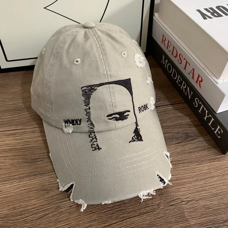 Minimalist Abstract Face Print Distressed Dad Hat Frayed Ripped Washed Cotton Multi Tone Retro Baseball Cap for Women Men