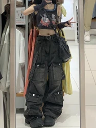 Y2k Cargo Jeans Pants 2023 Women Rave Pants Street Oversize Loose Wide-leg Pockets Female Pant Vintage Hip Hop Denim Trousers