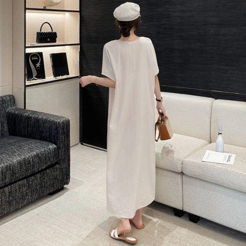 فستان صيفي رائع من القطن والكتان بأكمام قصيرة أنيق طويل مقاس كبير مطرز للعطلات فستان نسائي فضفاض مناسب رداء Elbise