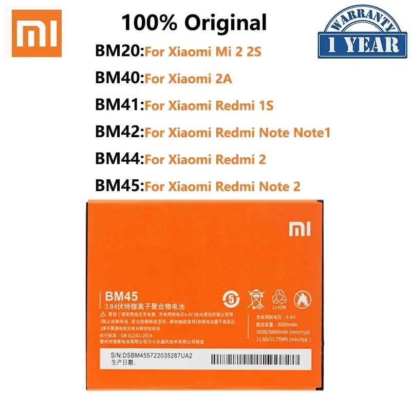 100% Original  Phone Replacement Battery For Xiaomi Redmi BM20 BM40 BM41 BM42 BM44 BM45 Mobile Phone Batteries Bateria