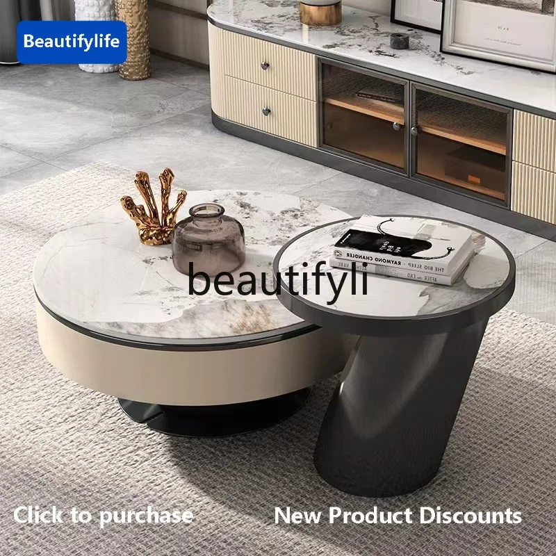 CC Light luxury rock slab coffee table TV cabinet combination round household living room coffee table floor cabinet