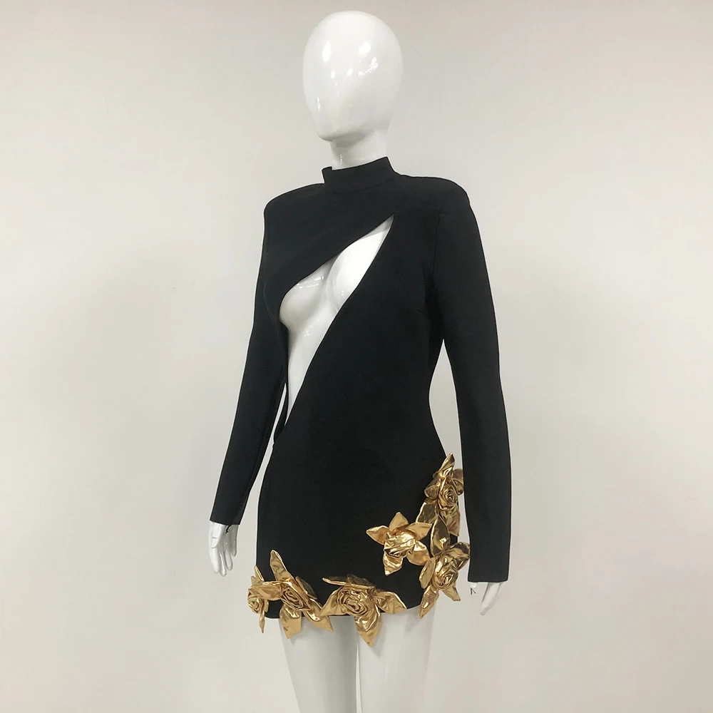 KLEEZY Fashion New Women's Sexy Hollow Long Sleeve 3D Gold Flower Mini Bandage Elegant Star Party Evening Dresses