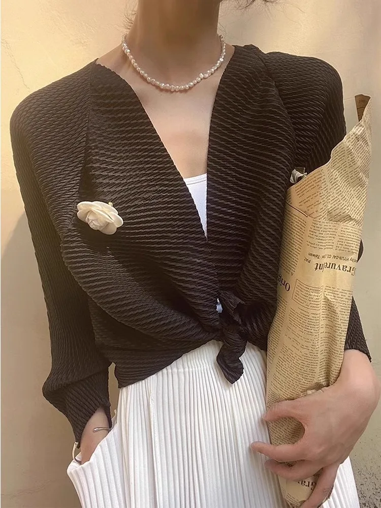 

Casual Sle Women's ort Coat Summer 2025 New Folded Design Long Sve Turn-down Collar Versatile Leisure Open Cardigan Top