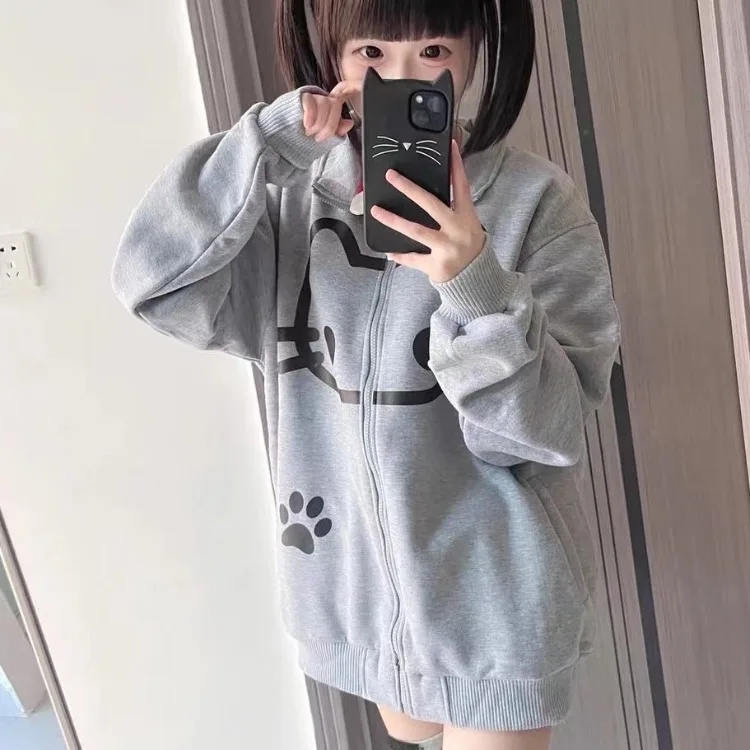 Harajuku Sweet Cute Cat Gray Stand Collar Jackets 2024 Autumn Cardigan Coat Women Y2k Long Sleeve Loose Tops Mujer Sweatshirt