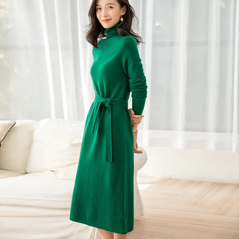 winternew warm knitted dress women fashion casual high quality cashmere wool turtleneck dress with belt