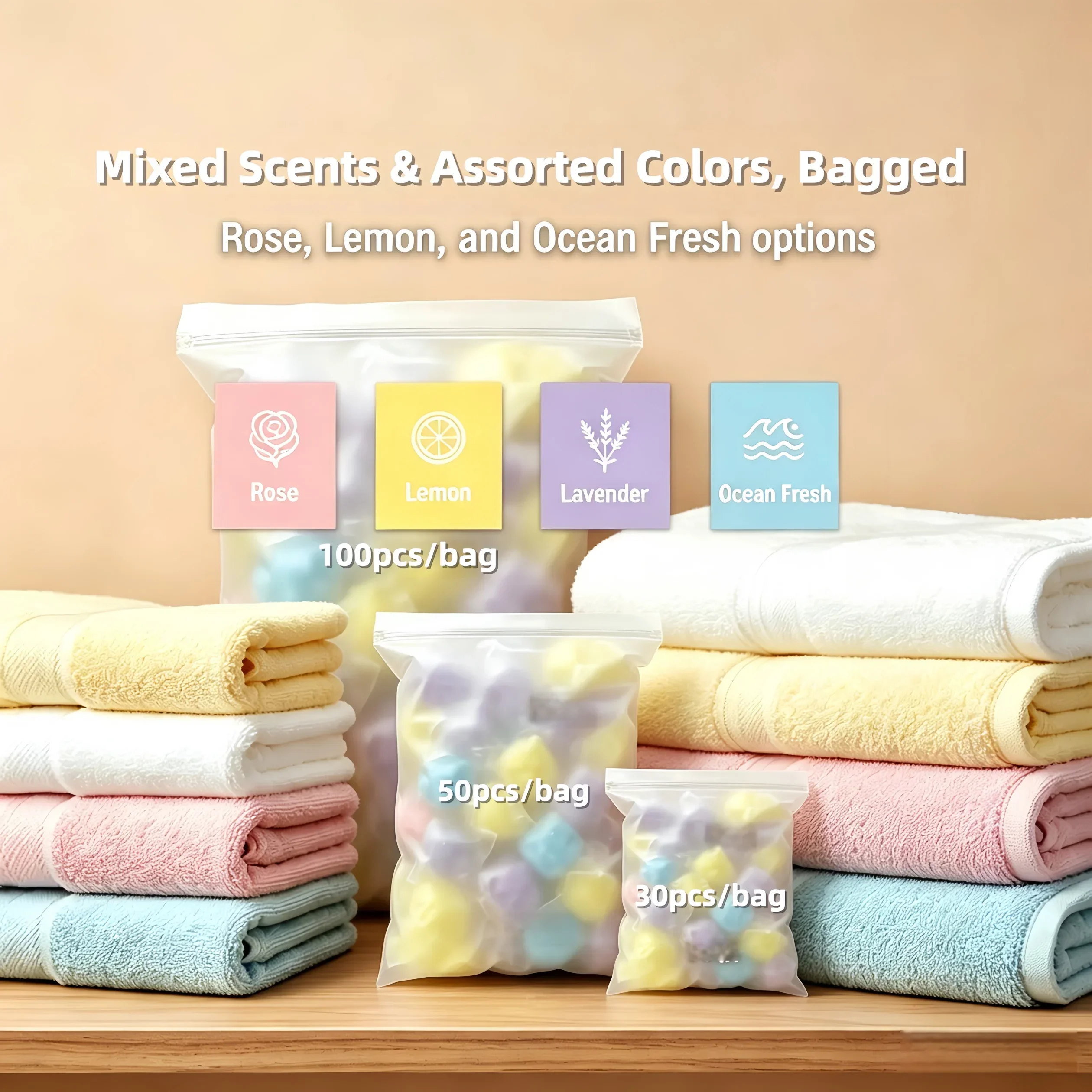 Mixed Color & Scent Laundry Scent Beads Bag Pack【30/50/100pcs】Water Soluble Film Get Rid of Sweat, Mildew and Musty Smells