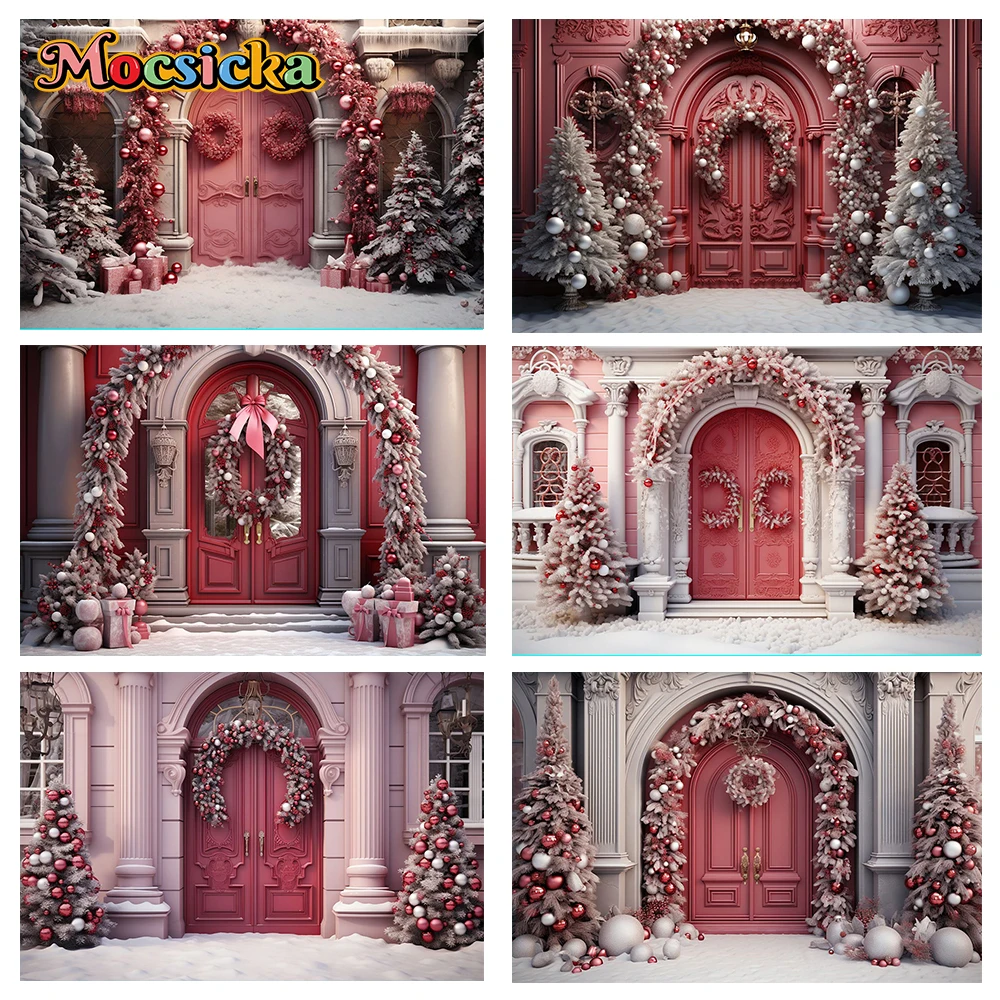 

Mocsicka Winter Christmas Photography Background Pink Door Xmas Tree Holiday Party Family Princess Photo Backdrops Stud