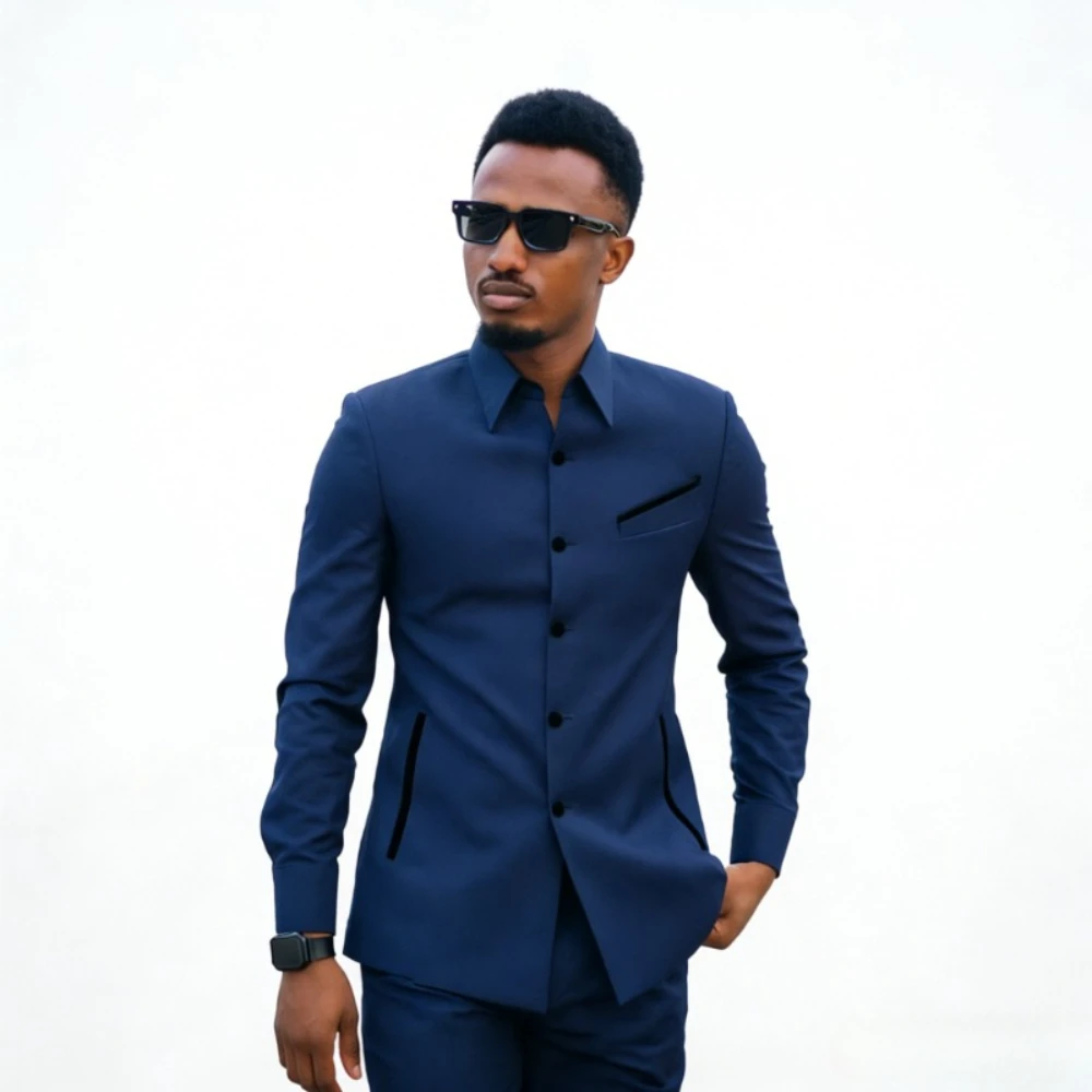 Safari Men Suits Luxury Dark Blue Contrast Piping Shirt Collar Suit Slim Fit Blazer Office Formal Event Groom Wedding 2 Pieces view 6