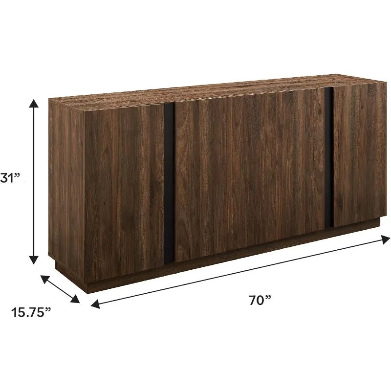 Contemporary 4-Door Minimalist Sideboard, 70 Inch,  Features 4 adjustable shelves for flexible storage options, Dark Walnut