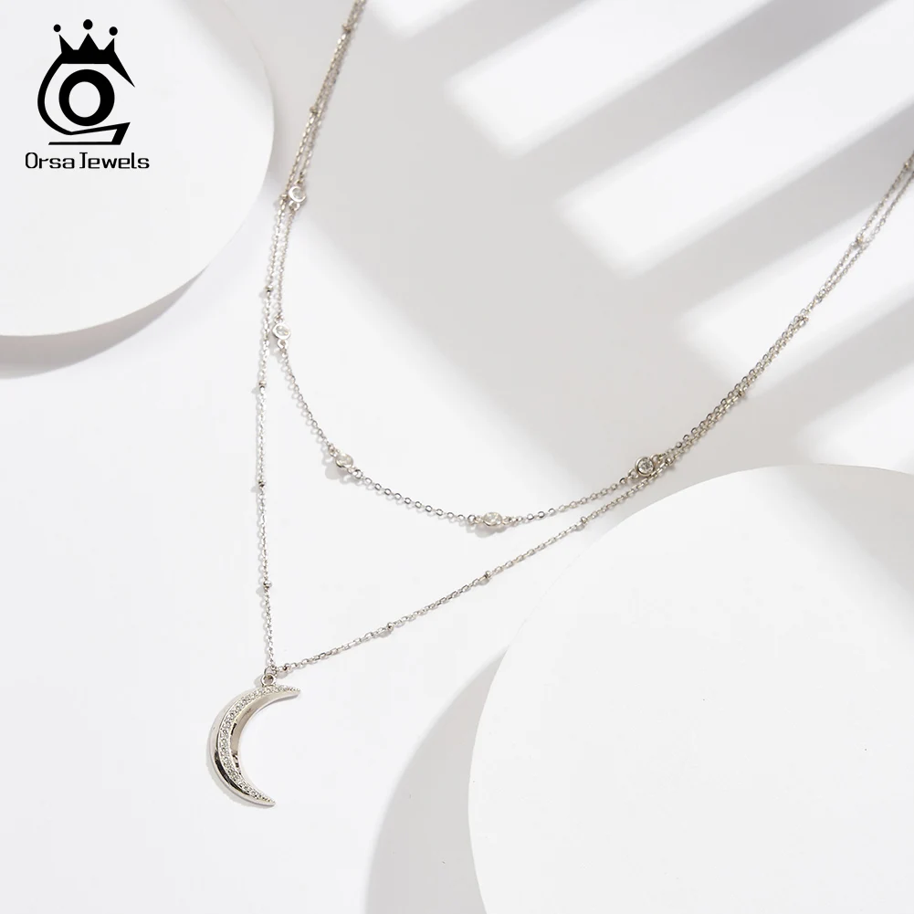 

ORSA JEWELS Double Stacked Clavicle Choker Necklace 925 Sterling Silver Moon Pendant Necklace for Women Party Jewelry Gift BQN12