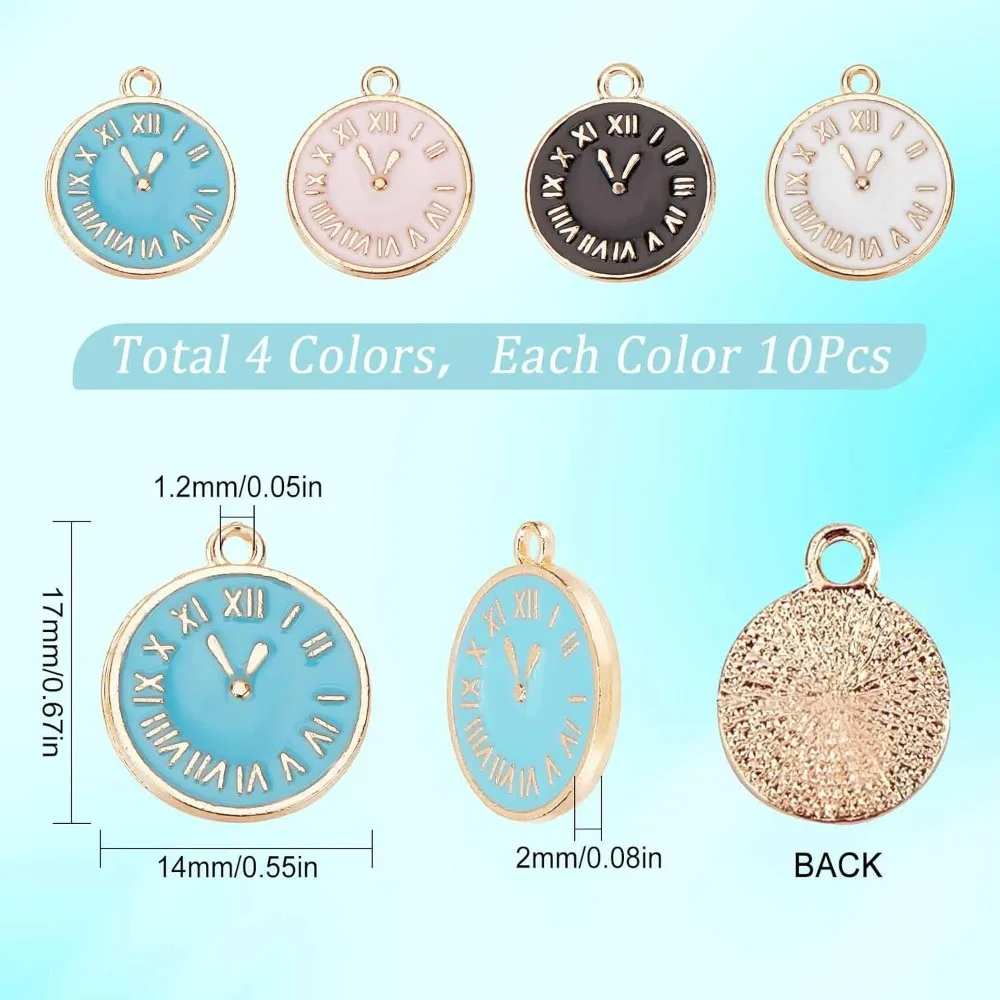 1 Box 40Pcs 4 Colors Clock Charms Bulk Clock Charm Chrismas New Year Charms Time Watch Charms for Jewelry Making Charm DIY kit