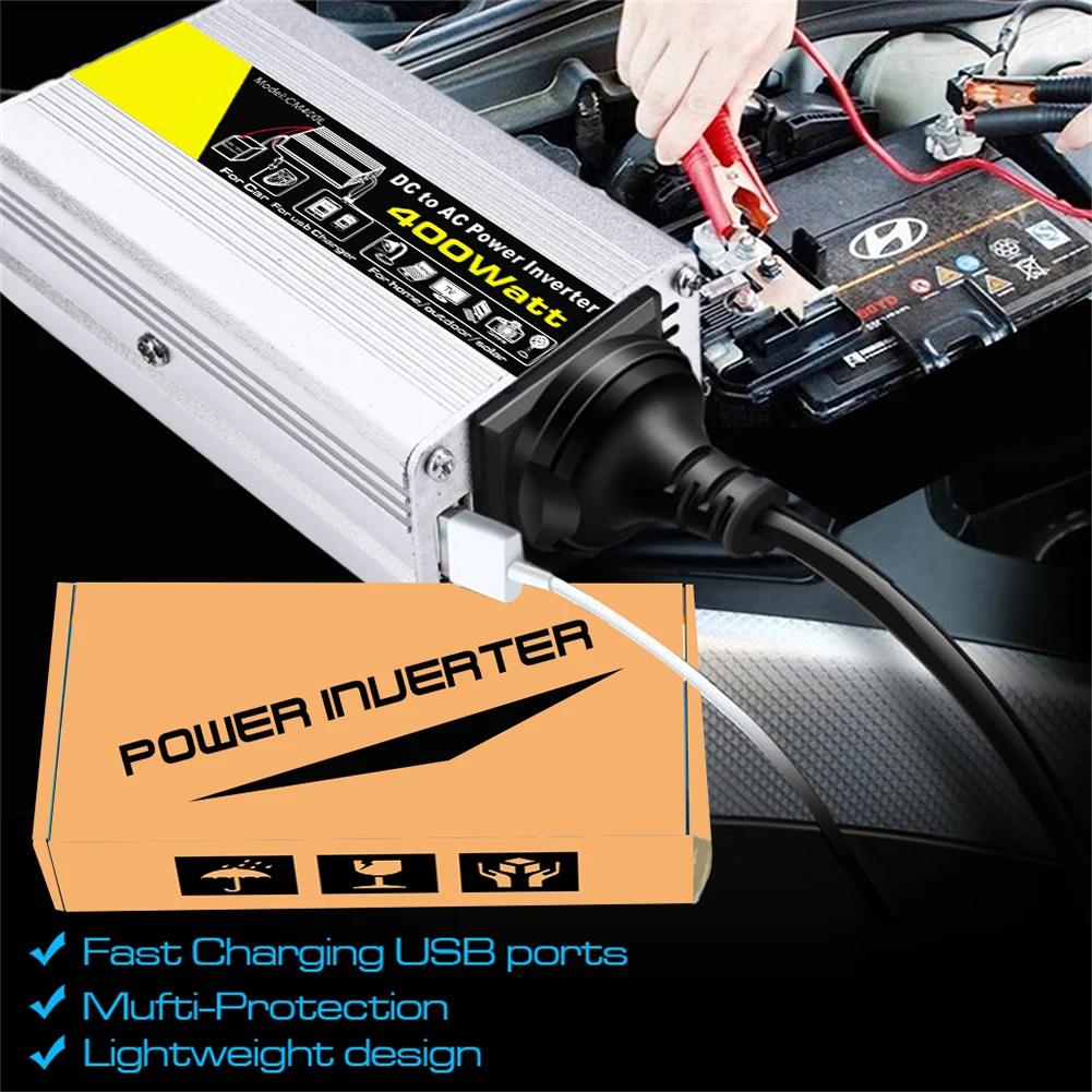 Advanced Car Vehicle Power Inverter 400W 12V DC To 220V AC Converter  Green Work Light  USB Interface for Charging Ease