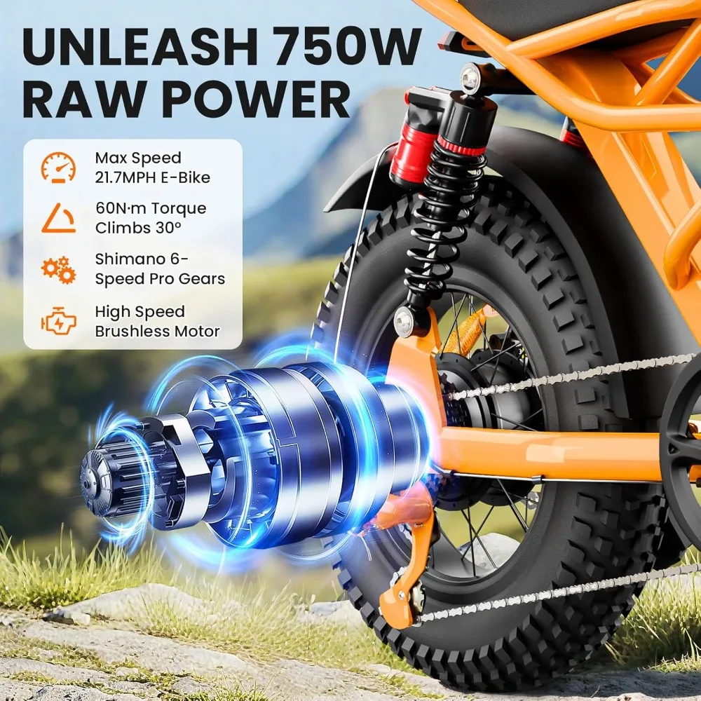دراجة كهربائية 750 وات للبالغين، 21.6 ميجا في الساعة 70 ميلًا، دراجة نارية ترابية كهربائية 48 فولت 15.6 أمبير في الساعة، دراجة كهربائية بإطارات عريضة 16 بوصة × 4.0، 6 سرعات