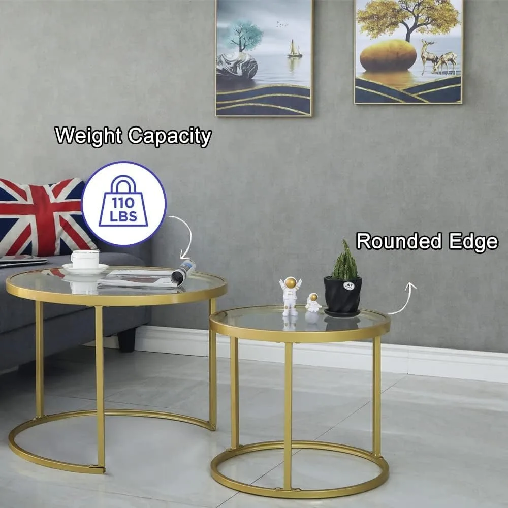 مجموعة طاولة القهوة المتداخلة مكونة من قطعتين، طاولات متداخلة زجاجية صغيرة لغرفة المعيشة وغرفة النوم، طاولة شاي مميزة بإطار معدني #6