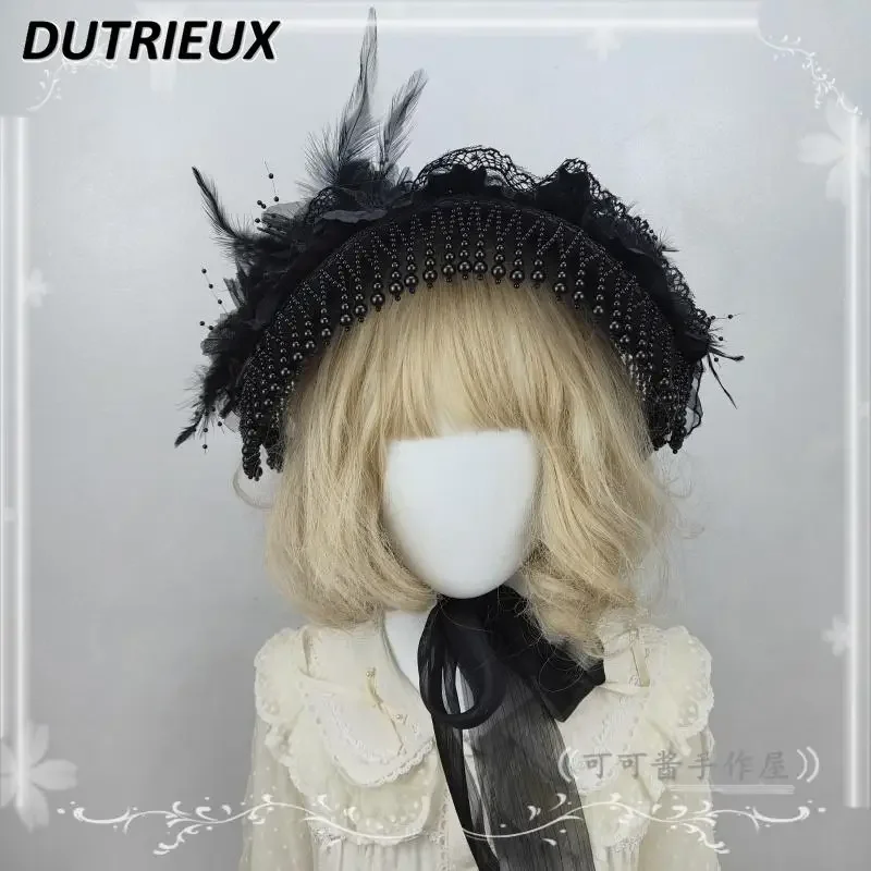 Original Japanese Sweet Girl Lace Up Flat Hat Lolita Dark Vintage Feather Lace Beaded Black Versatile Top Hat Caps for Women