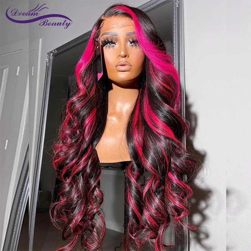 Pink Black Human Hair Wigs For Women Pink Full  Lace  Wigs Natural Wave 180% Brazilian Remy 13x4 Lace Front Wig Preplucked