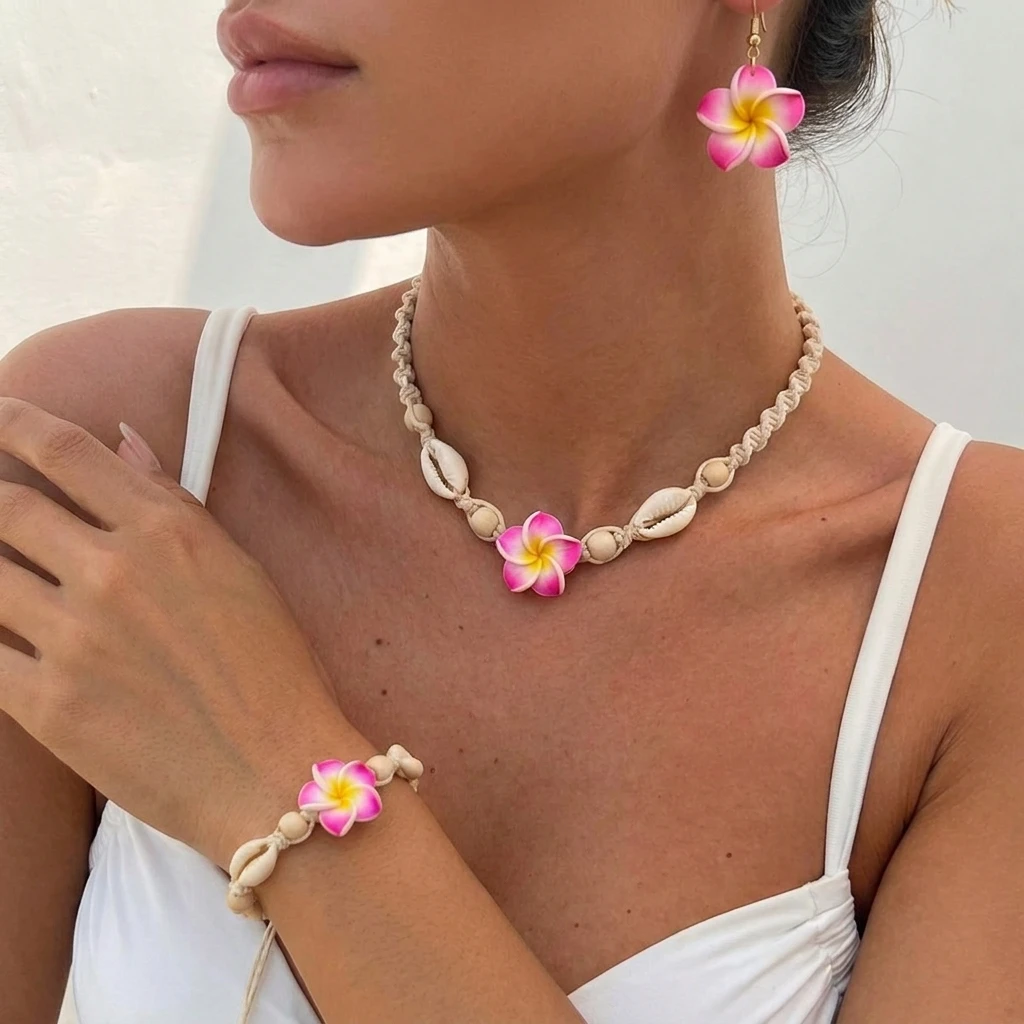 Böhmische Imitationsmuschel-Choker-Halskette für Damen, weicher Tonblumen-Anhänger, handgewebtes Seilarmband, Ohrring-Anhänger, Schmuckset – Detail 4