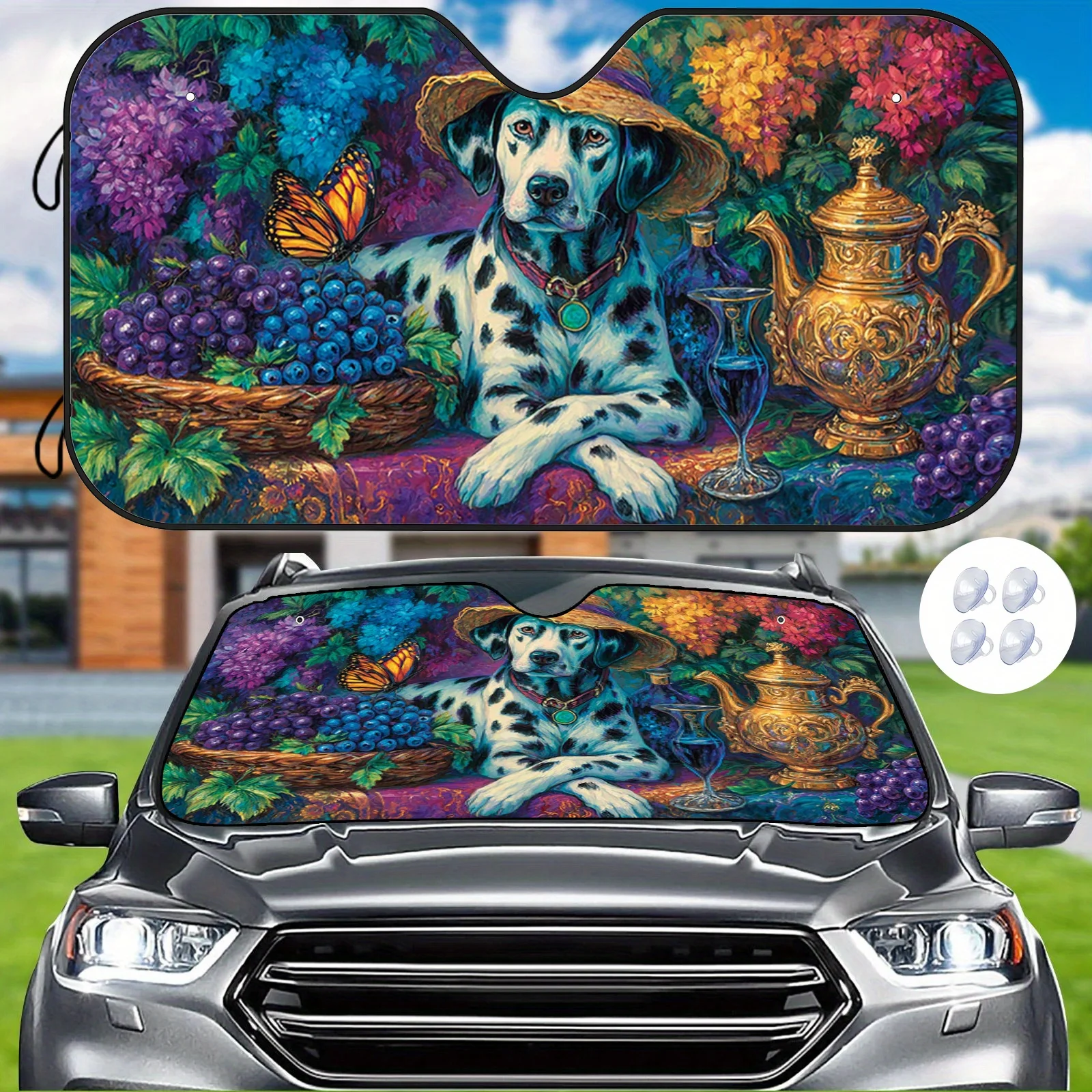 Art Dog Landscape Car Sunshade, Puppy With Straw Hat And Floral Butterfly Oil Painting Pattern, Insulated Sun Protection, Mainta