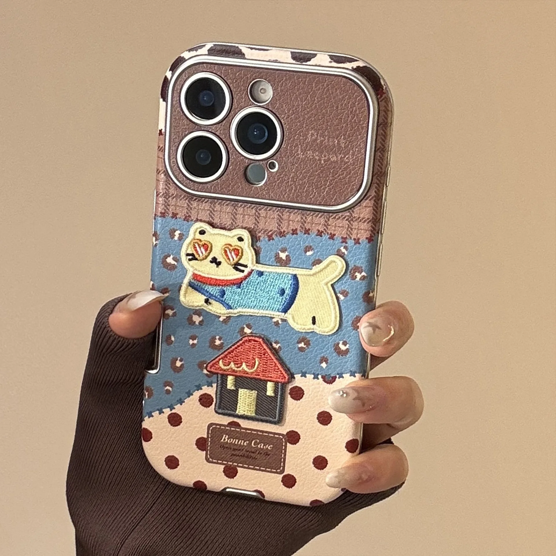 Korean Splicing Leopard Print Cartoon Cat House Faux Leather Phone Case For iPhone 17 16 15 14 13 12 11 Pro Max Shockproof Cover view 3