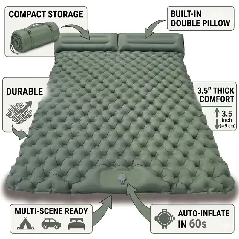 Inflatable Two-Person Outdoor Sleeping Pad with Inflate with Foot Pump, Nylon Material, Rectangular Shape, Ideal for Camping