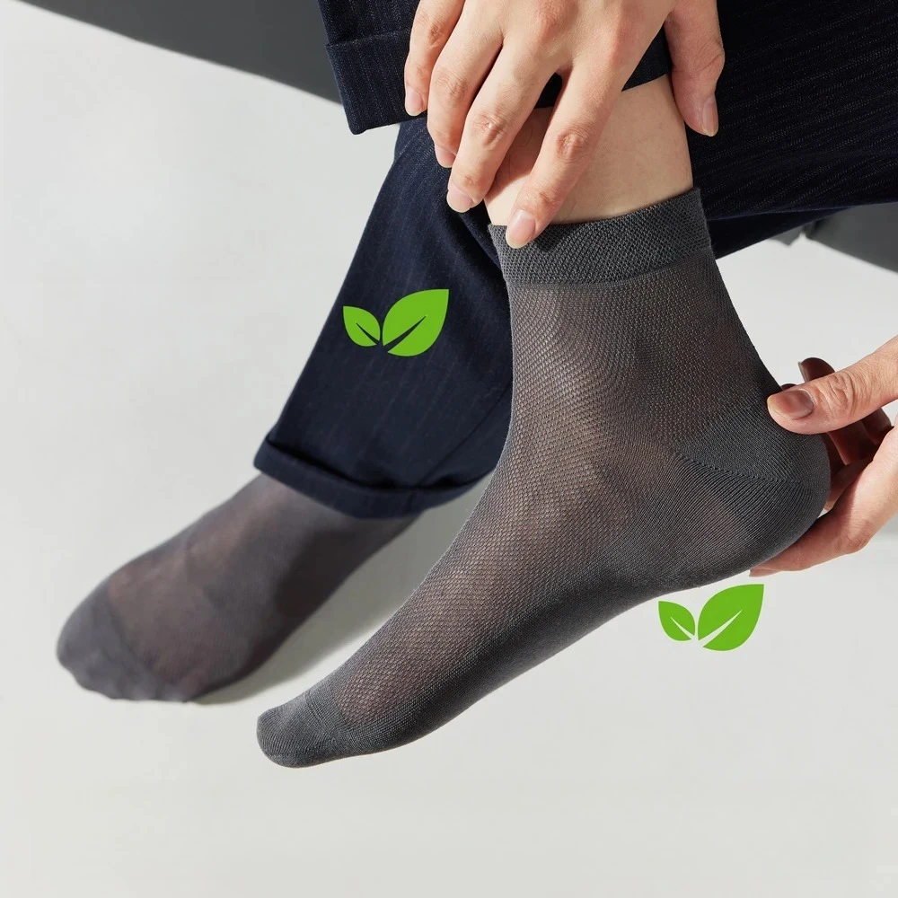 Men's Mulberry Silk Modal Blend Mid-Calf Socks Thin Breathable Mesh Summer Antibacterial Anti-Odor Black Business Dress Socks view 2