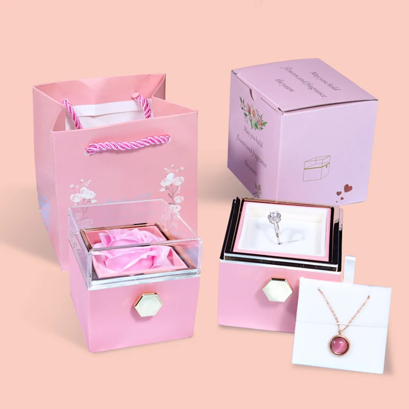 Rotation Rose Jewelry Gift Box Valentine\'s Day Marriage Acrylic Ring Boxes Necklace Storage Rose Jewelry Display Rack