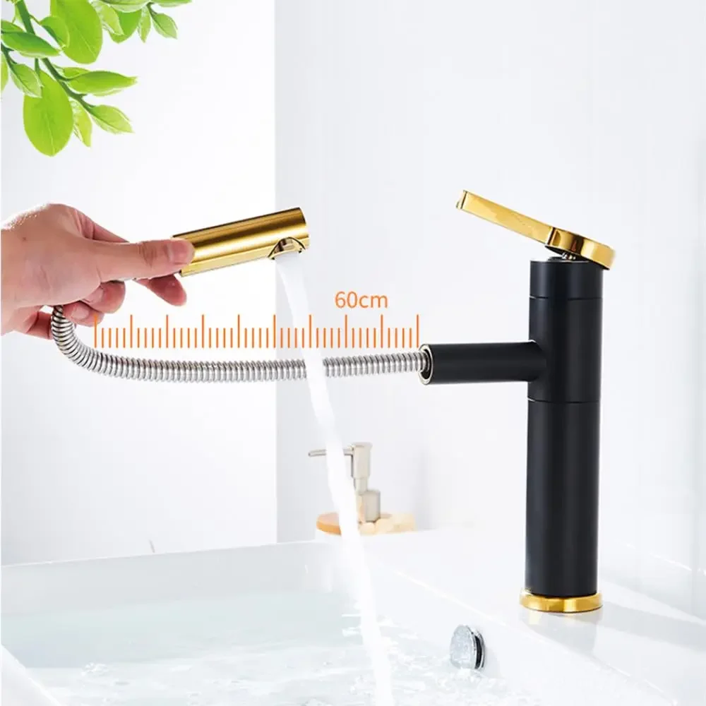 Bathroom Basin Pull-out Faucet Stainless Steel Taps Supports Hot and Cold Water  360° Rotation Mixer with Hose Accessories