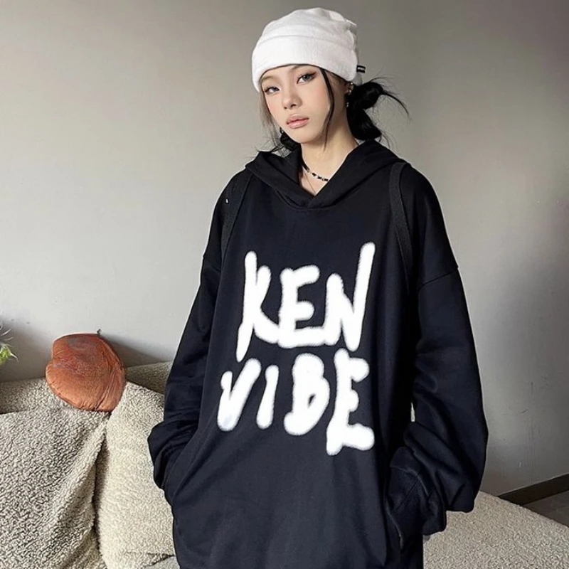 White Long Women's Sweatshirt Black Sport Woman Clothing Letter Printing Text Top on Promotion Basic Kpop Autumn and Winter Warm