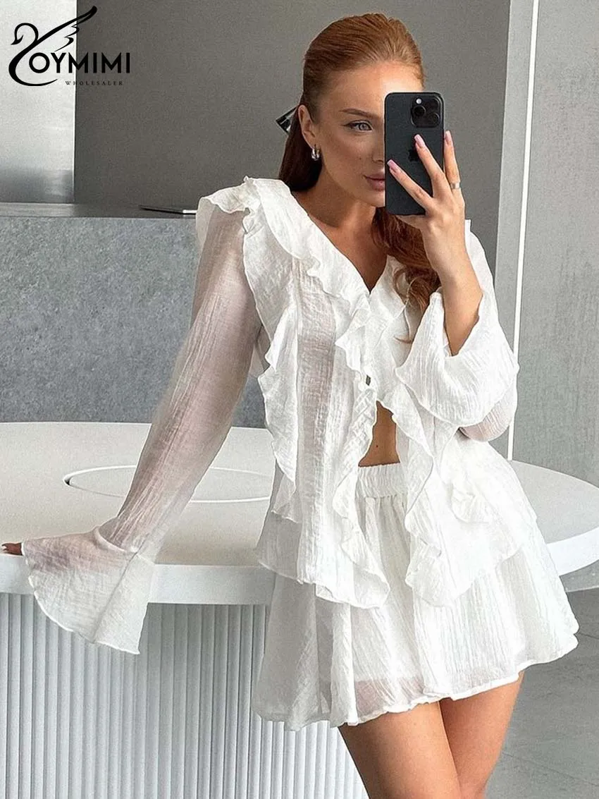 Oymimi Casual White Two Piece Set For Women Fashion Ruffled Long Sleeve Button Crop Tops And High Waist Mini Skirts Female Sets