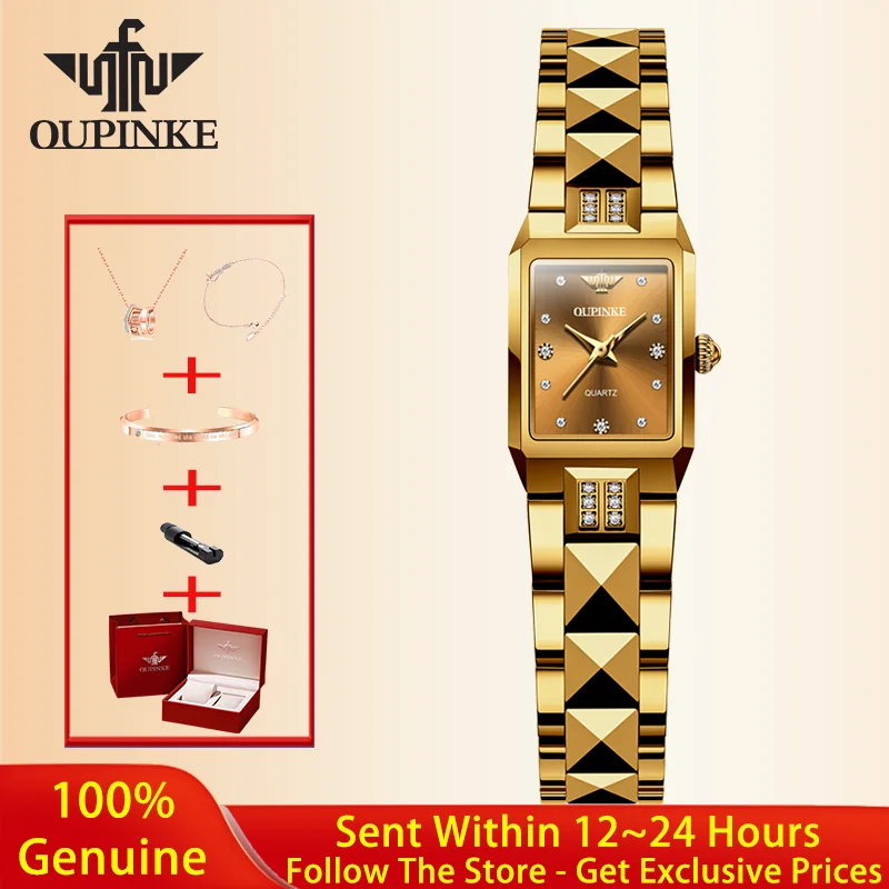 

Женские часы OUPINKE, роскошные брендовые кварцевые часы с импортным механизмом, элегантные, полностью золотые, из вольфрамовой стали, женский браслет, спортивные часы 3246