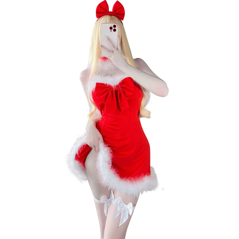 Costume de Cosplay de Noël Rouge pour Femme, Lingerie Sexy, Robe en Peluche du Père Noël, Kawaii, Nministériels d sur la Hanche, Jupe Ronde, Uniforme de Tentation, Nouvelle Collection