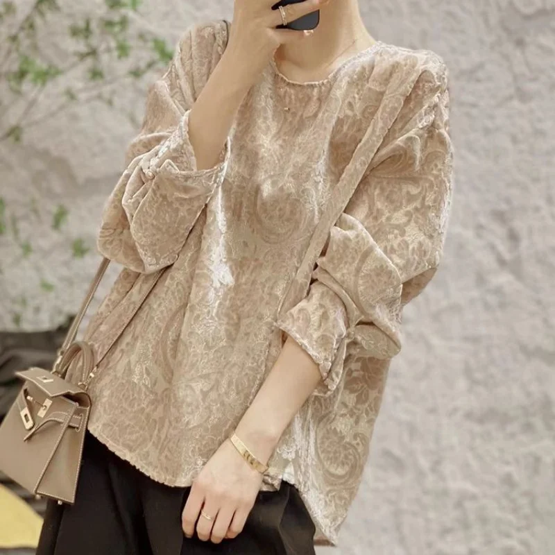 Camicetta Jacquart con o-collo kaki moda coreana donna primavera autunno nuova camicia da donna di fascia alta a maniche lunghe allentata