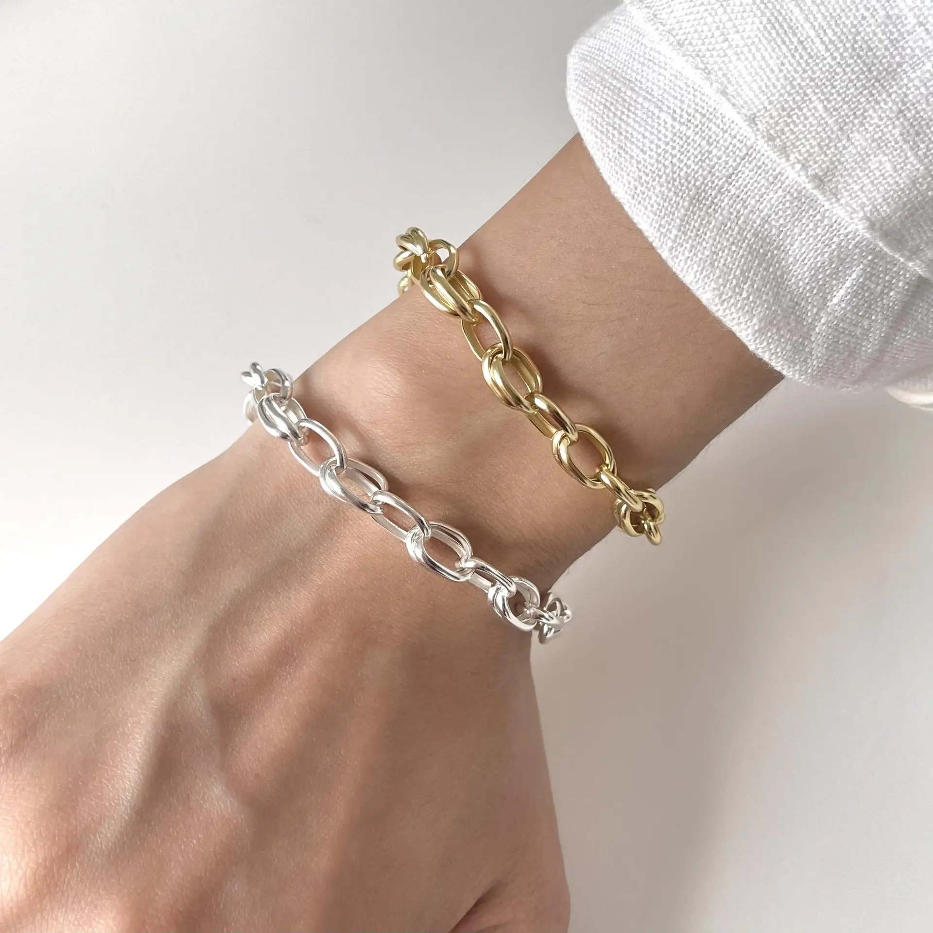 Punk 18K Gold Authentic 925 Sterling silver Hollow-out Chunky O Link Chian Wrist Bracelet Charms Fine jewelry C-A266