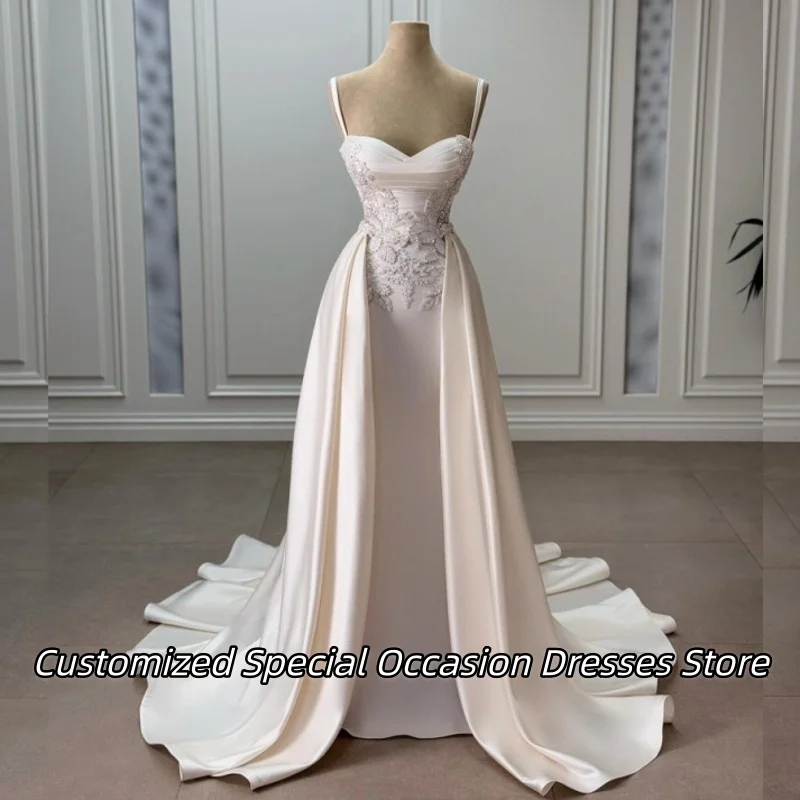 

Белые вечерние платья на бретельках с изысканной аппликацией из бисера со съемным шлейфом, платье для выпускного вечера, роскошные вечерние платья по индивидуальному заказу