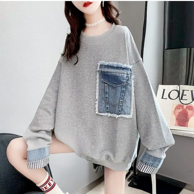 Casual Fashion Pullovers Women Denim Stitching Fake Two-piece Pullover Autumn 2024 New Loose Korean Mid-length All-match Tops