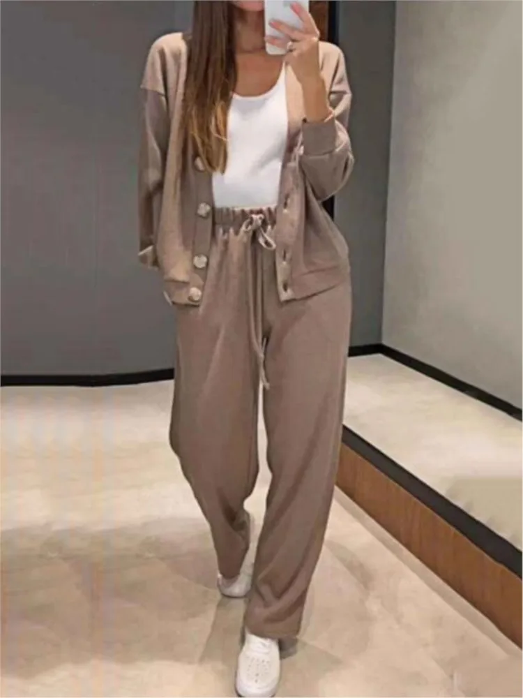 New Autumn Casual Knitted Women\'s Suit Solid Color Long Sleeve Button Jacket + Lace-up Sweatpants Two Piece Set Comfortable Sets